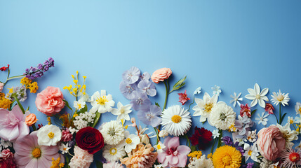 Fototapeta na wymiar Daisy summer flowers on blue wood background for advertising