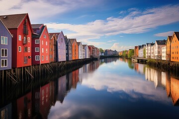 Fototapeta premium Colorful houses over water in Trondheim city -