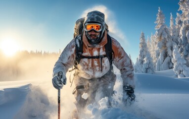 Fototapeta na wymiar Snowshoe walker running in powder snow