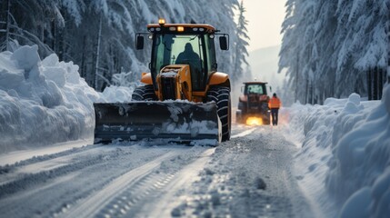 winter snow removal on the road with an excavator generative