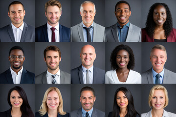 Many smiling multiethnic business people faces headshots collage mosaic. Collage of smiling business people in formalwear looking at camera.