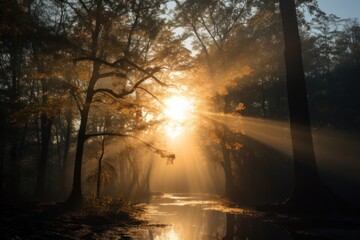 Obraz premium Warmth of the sun shines though the trees as the sun rays burst through the fog.