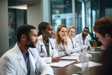 Diverse group of medical professionals at table during meeting or seminar.