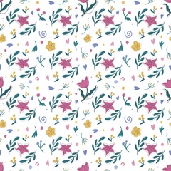 Seamless pattern with floral ornament for children on a white background. Hand-drawn, digital illustration. Ideal for prints, fabrics, packaging, wallpapers and backgrounds.