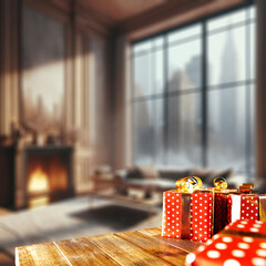 Wooden desk with christmas gift and ribbon. Christmas time in home interior. Big window sill and city landscape view. Cold december time and mockup of empty space for your decoration. 