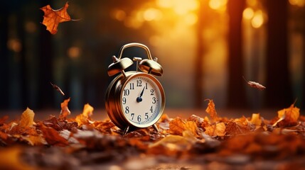 Concept, daylight saving time. Sommer time, winter time, changeover, switch of time. Sommer or winter time. Clock as a timer for celebrations. Autumnal forest and leaves. - obrazy, fototapety, plakaty