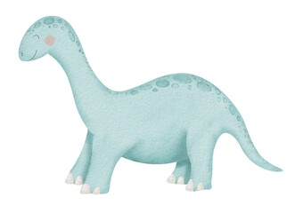Dinosaur Diplodocus Watercolor illustration. Hand drawn clip art of Dino on isolated background. Drawing of baby cute smiling cartoon character. Sketch of blue prehistoric animal for kids prints.