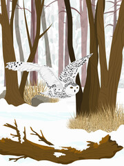 A polar owl flies through the winter forest. Realistic vector vertical landscape