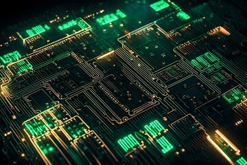Macro image of a cutting-edge circuit board, focusing on the precision and complexity of the electronic pathways, surrounded by neon LED lights.