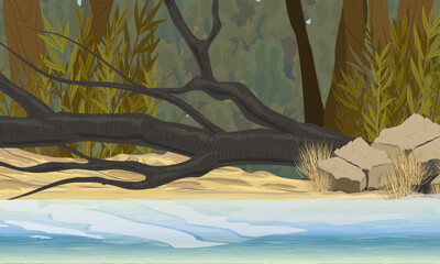 A river bank with thickets of plants and a fallen tree. Realistic vector landscape