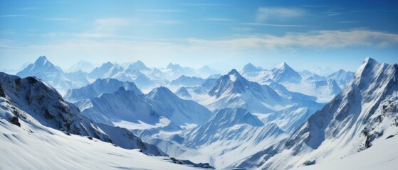 Obraz premium Snowy Greater Caucasus ridge with the Mt. Ushba at winter sunny day. View from Pastuchova kliffs at Elbrus ski slope, Kabardino-Balkaria,