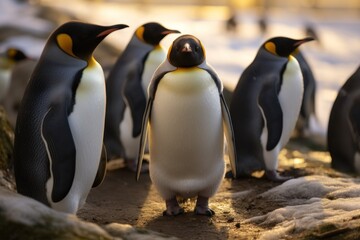 Obraz premium Some really cute penguins are playing together and walking through the park. A wonderful penguin-family looking to each other and search some food.