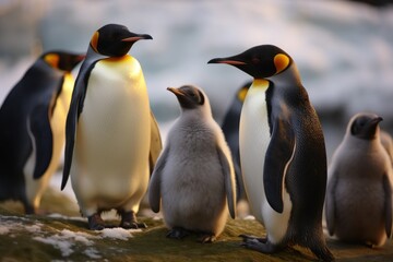 Some really cute penguins are playing together and walking through the park. A wonderful penguin-family looking to each other and search some food.