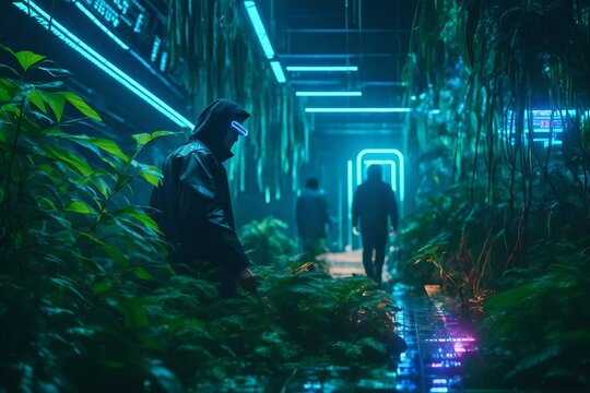 A cyberpunk jungle, with a hacker navigating through dense holographic code vines in a virtual ecosystem.