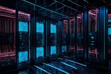 Cutting-edge server racks with intricate circuit patterns, bathed in a neon glow, showcasing the...