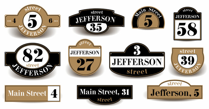 House rooms.Vector boards for signboards. Street house name plate in black and gold.