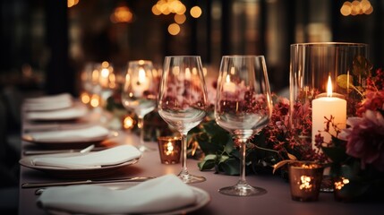 Elegant and select wedding decoration restaurant table Wine Glass and appetizers, on the bar table Soft light and romantic atmosphere dinner service menue guests candle - obrazy, fototapety, plakaty