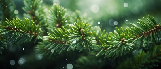 Fototapeta na wymiar Beautiful green fir tree branches close up. Christmas and winter concept.