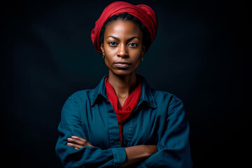 Obraz premium portrait black activist woman with red kerchief or bandana in her hair