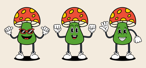 Mushroom set mascot of 70s groovy. Collection of cartoon,retro, groovy characters. Vector illustration.