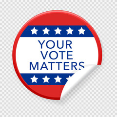 Concept of responsibility USA voting icon. Circle sticker with I voted, on American flag. Round American elections labels.