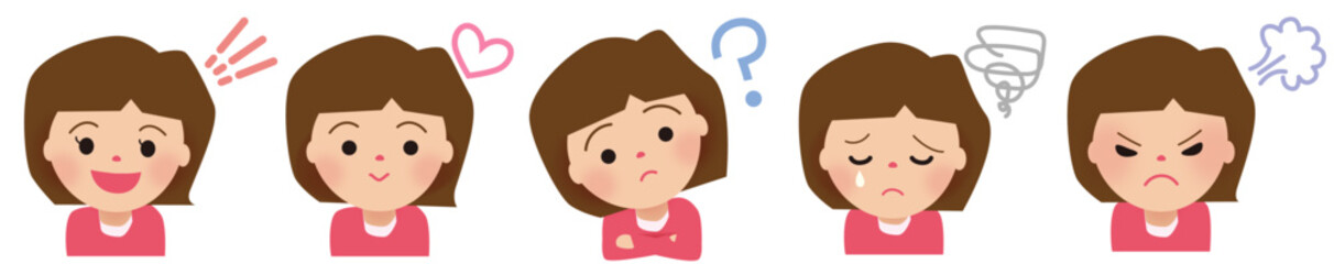 笑った顔、怒った顔、疑問な顔、笑顔、泣いている顔、悲しい顔、表情、いろいろな表情、女性の上半身アイコン、イラスト素材、色変更可能、大きさ変更可能、レイヤーで分かれている、編集可能