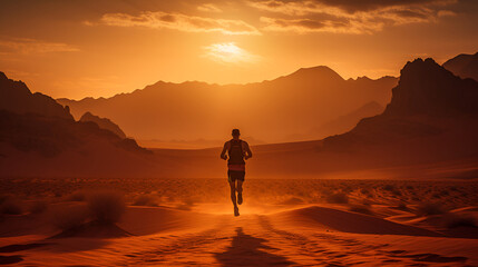 Fototapeta na wymiar a marathon runner approaches a Maraboud in the Sahara desert, the sun is low on the horizon