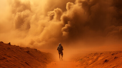 Naklejka premium a marathon runner approaches a Maraboud in the Sahara desert, the sun is low on the horizon