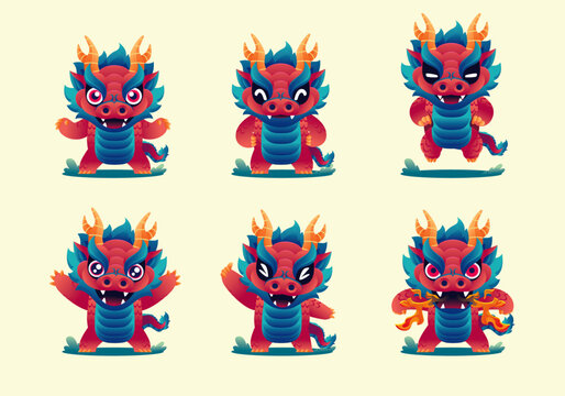 set of cute monster Asian Red Dragon cartoon mascot character