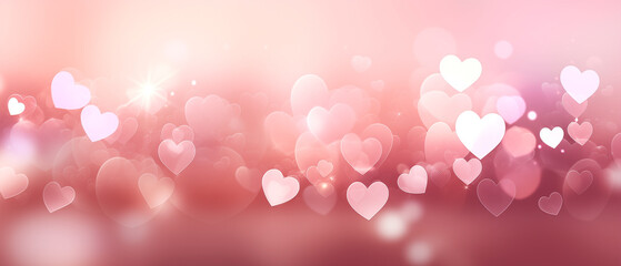 Valentine hearts pink bokeh on light abstract background. Holiday, Valentines day background banner concept.