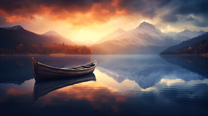 Rowing boat on a lake. Landscape of Lofoten Islands in Norway. Natural beauty background.  - obrazy, fototapety, plakaty