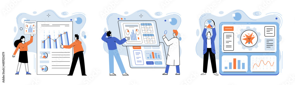 Poster business data analysis vector illustration. occupation finds meaning in language statistical investi