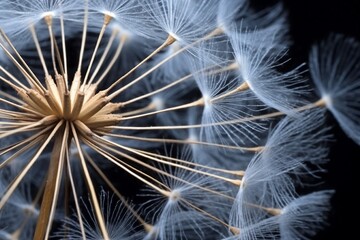 Closeup of dandelion seeds on black background.generative ai.