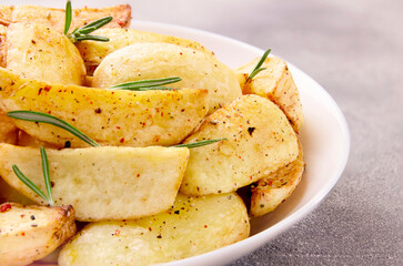 Baked potato wedges with seasonings on a plate on a gray stone.