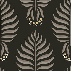 Elegant geometric blooming leaves and berries. Abstract botanical elements vector illustration. Colorful brown beige gold seamless pattern on dark background. - 689124053