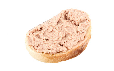 Bread with homemade chicken pate, isolated on white background.