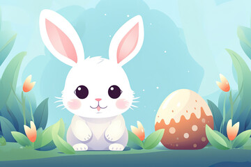 Cute Easter bunny with egg in the garden.