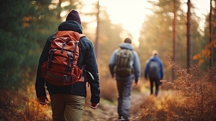 Cheerful group of friends with backpacks for hike walking through autumn forest exploring nature.