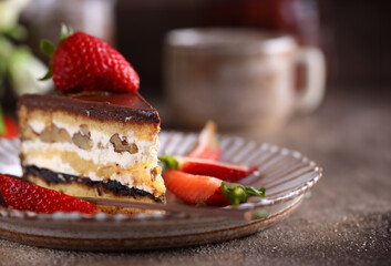 piece of cake with nuts and berries, homemade pastries