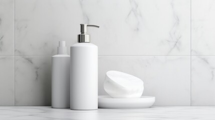 3D mockup products of White empty cosmetic products, white soap lotion, shampoo or shower gel, mockup and bottles in the style of light gray and white in modern bathroom interior Free Copy Space