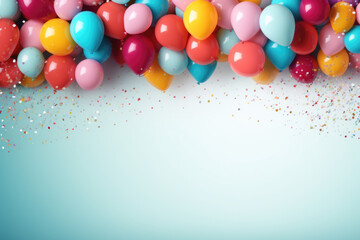 Party festive birthday backdrop photo zone with colourful balloons, gold confetti and stars on plain background