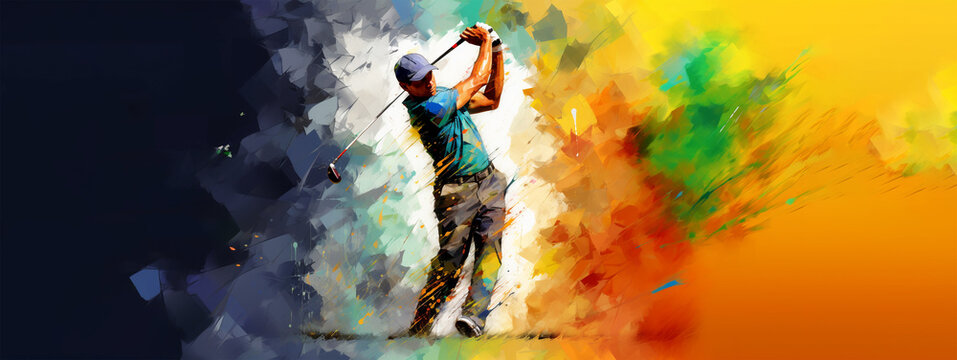 Golf sport golfer man swing action splash painting banner