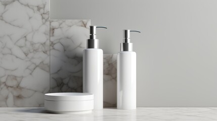 3D mockup products of White empty cosmetic products, white soap lotion, shampoo or shower gel, mockup and bottles in the style of light gray and white in modern bathroom interior Free Copy Space