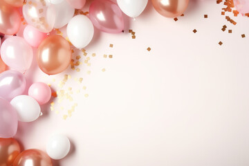 Party festive birthday backdrop photo zone with pink and white balloons, gold confetti on white background