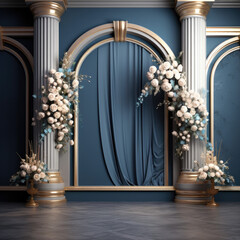 bohemian romantic floral fest wedding arch party backdrop with blue gold flowers and balloons photo zone backdrop 
