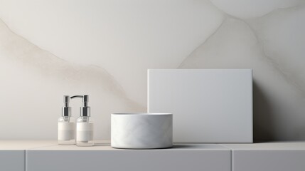 Obraz na płótnie Canvas 3D mockup products of White empty cosmetic products, white soap lotion, shampoo or shower gel, mockup and bottles in the style of light gray and white in modern bathroom interior Free Copy Space