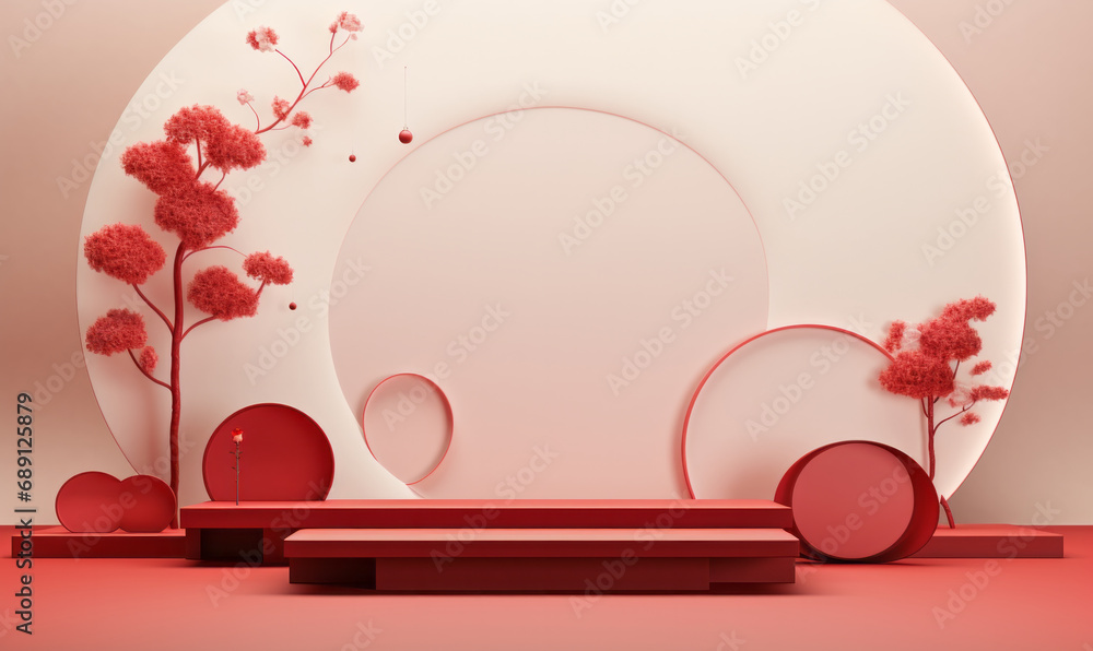 Poster an empty oriental style product display podium. asian empty mock up scene template