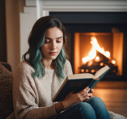 Eine Frau mit einem Pullover mit grünen braunen Haaren liest ein Buch vor einem Kamin, Blick in ein Buch