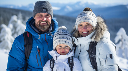 portrait of a happy family in warm winter clothes in winter outdoors. a joint trip to the mountains for weekends, vacations, outdoor vacations