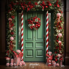 Fototapeta na wymiar Party Christmas festive backdrop photo zone with door decorated with christmas tree, red and white candy, and wreath arc, red photo wall, xmas interior